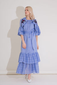 Embroidered Detailed Frilly Striped Vual Long Dress